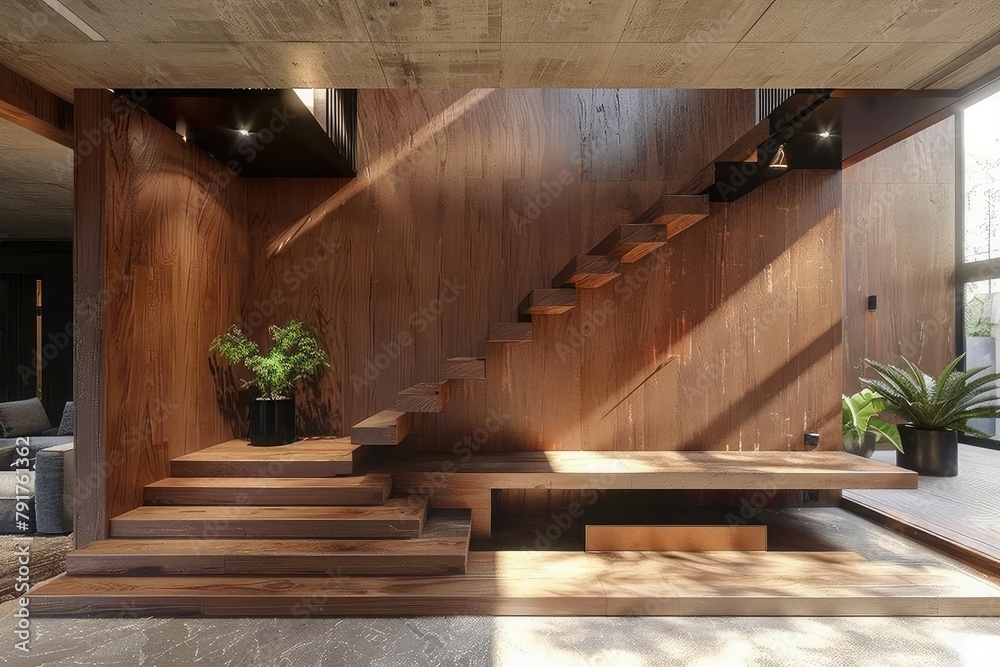Stylish wooden contemporary staircase inside loft house interior