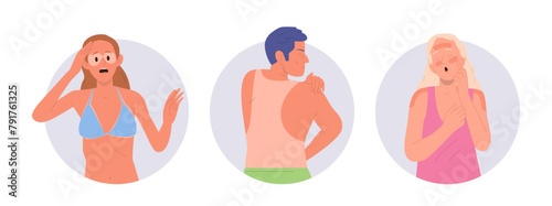 Round composition with sunburned people cartoon characters suffering from aftermath of sunbathing