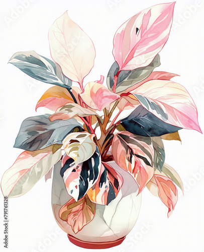 Stromanthe sanguinea Triostar with striking pink, white, and green leaves, pastel watercolor, artisanal clay pot, watercolor, isolate. photo