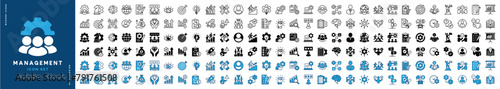 Business and management icon set. Containing teamwork, statistics data, strategy, development, project, manage, plan, schedule, time, partnership, manager, workflow, decision. Vector illustration