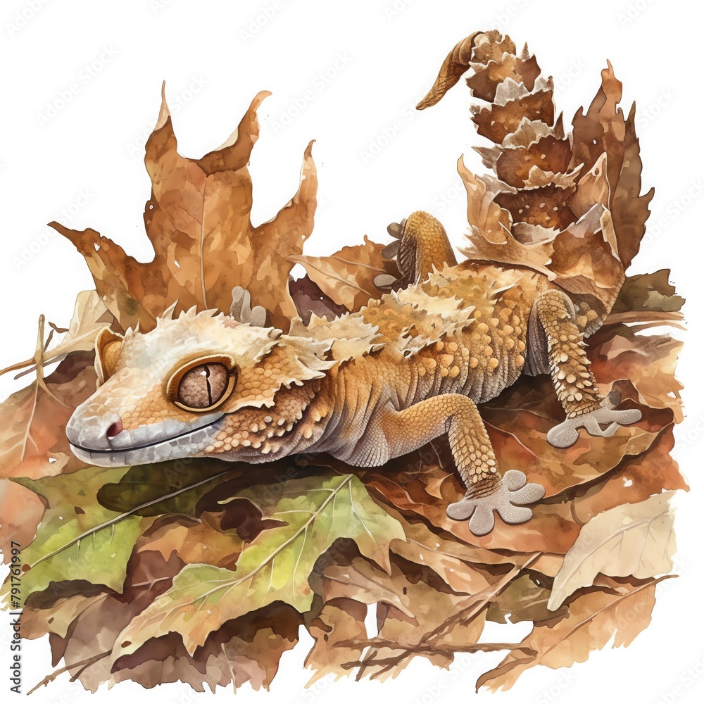Naklejka premium A serene watercolor of a Satanic LeafTailed Gecko, with its leaflike tail and body, resting on a forest floor, autumnal browns and subtle greens, white background, vivid watercolor, 100 isolate