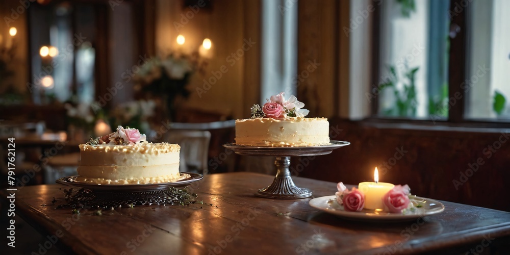  assortment of gourmet desserts, prominently featuring a layered cake , placed on a plate that sits on a table. 