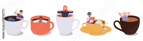 Diverse people cartoon characters sitting in giant coffee cups set isolated on white background