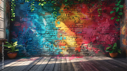 A room with a brick wall painted with paint of different colors.