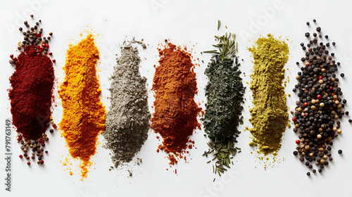 Various colorful spices arranged on a white background