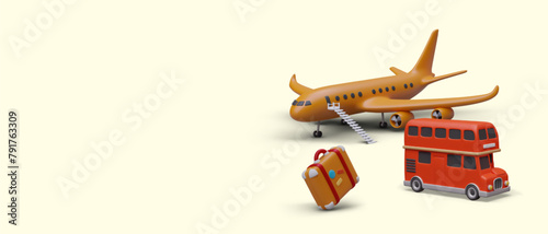 Passenger transportation, tourist trips. Realistic airplane, double decker bus, suitcase