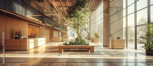 Contemporary Office Lobby, Sleek White Design with Wooden Accents, Bright and Welcoming Space
