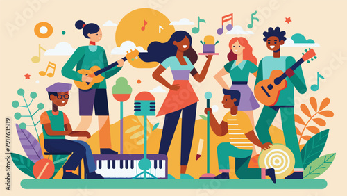 A team of musicians and performers collaborating to create a Summer Music and Arts festival showcasing a variety of musical genres and visual