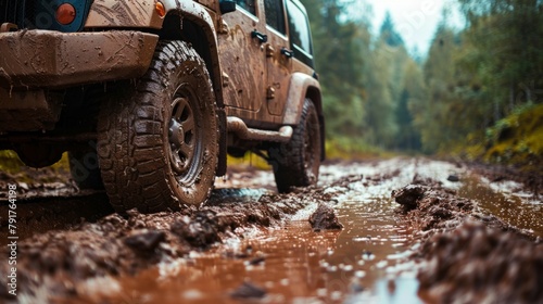 Car wheel on dirt road. Off-road tire covered with mud, dirt terrain. Outdoor, adventures and travel suv. Car tire close-up in countryside landscape with a muddy road. Four wheel truck in mud.
