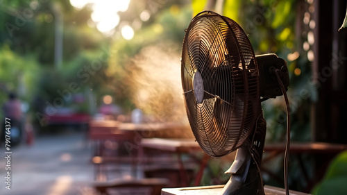 Electric fan on table outdoor with mist spraying in a cafe setting during sunset. Warm toned image with bokeh background. Summer comfort and heatwave concept for design and print.