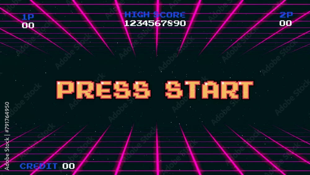 PRESS START INSERT A COIN TO CONTINUE .pixel art .8 bit game.retro game. for game assets in vector illustrations.Retro Futurism Sci-Fi Background. glowing neon grid.and stars from vintage arcade comp