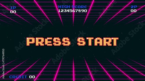 PRESS START INSERT A COIN TO CONTINUE .pixel art .8 bit game.retro game. for game assets in vector illustrations.Retro Futurism Sci-Fi Background. glowing neon grid.and stars from vintage arcade comp