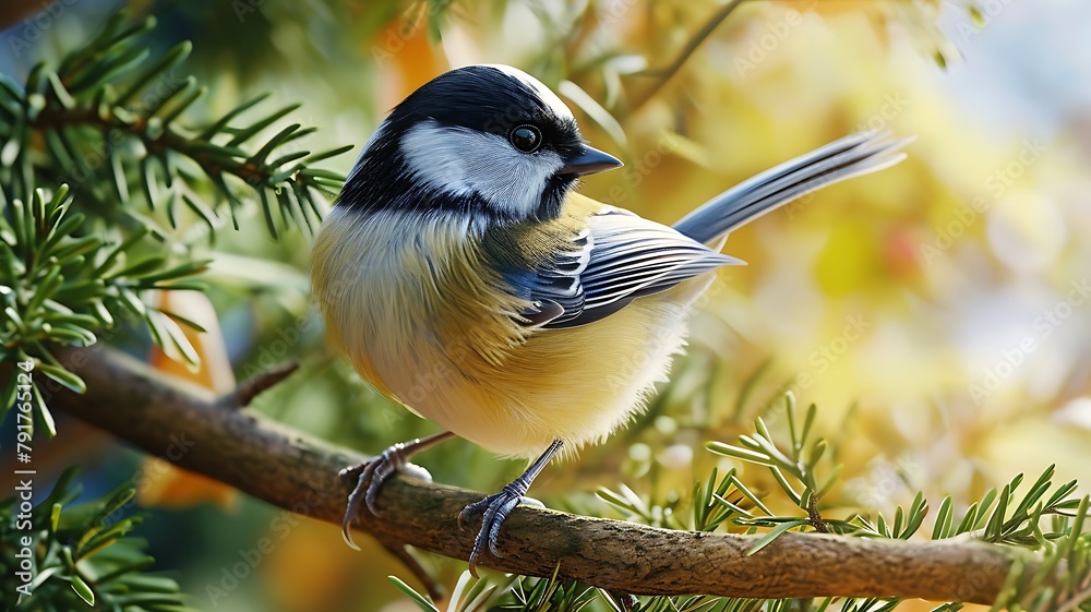Obraz premium Curious Chickadee: Adorably Perched on a Twig, Eyeing Its Surroundings