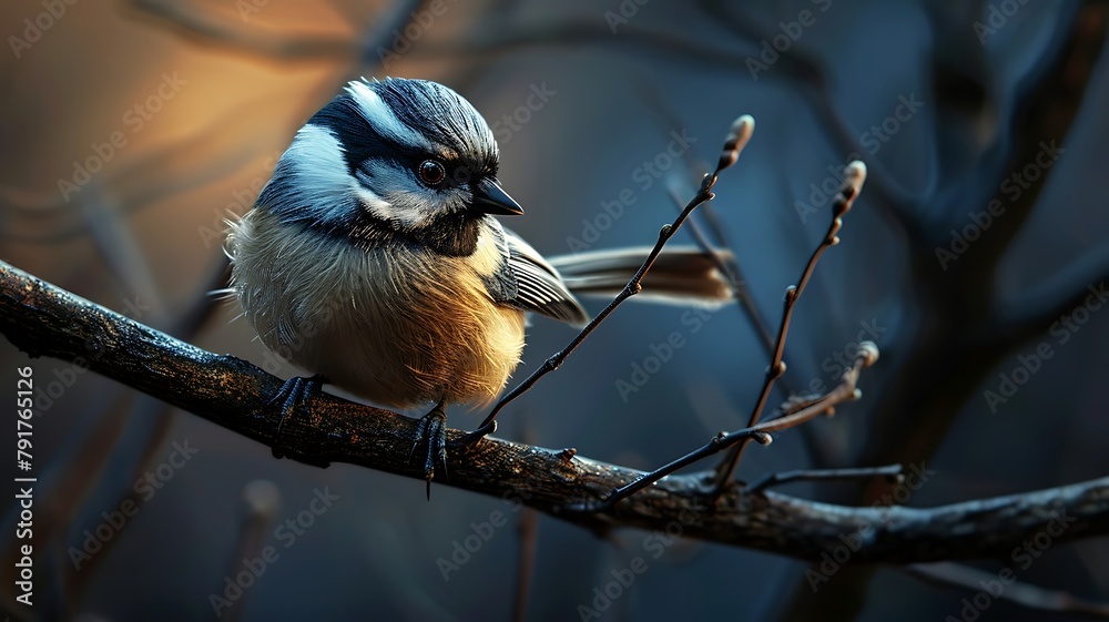 Naklejka premium Curious Chickadee: Adorably Perched on a Twig, Eyeing Its Surroundings