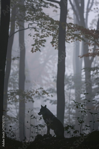 Wild Wolf in a Serene Foggy Forest Setting