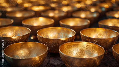 A row of gold bowls