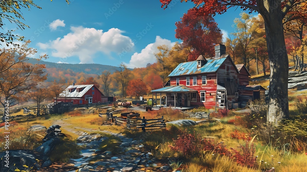 A Countryside Farmhouse with a Picturesque Red Barn, Surrounded by Rolling Pastures and a Canopy of Golden Sunlight.