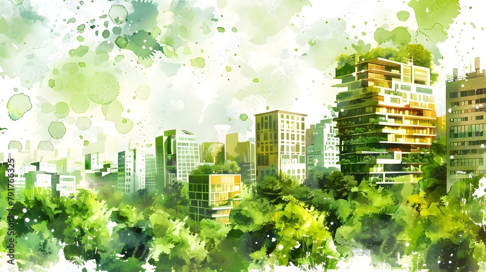 Vibrant Watercolor of a Bustling Green City Integrating Vertical Gardens and Renewable Energy