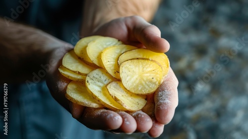 High contrast image of a hand cradling rustic potato slices, emphasizing natural textures, set against a plain isolated background, studio lighting