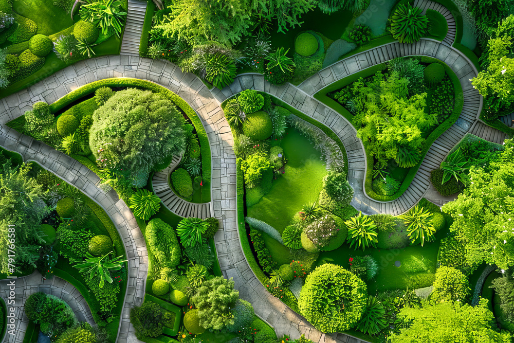 Fototapeta premium A green garden with a winding path and a tree in the middle