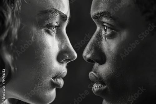 Two people with their faces close together, one is a woman