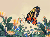 A butterfly is flying over a field of flowers