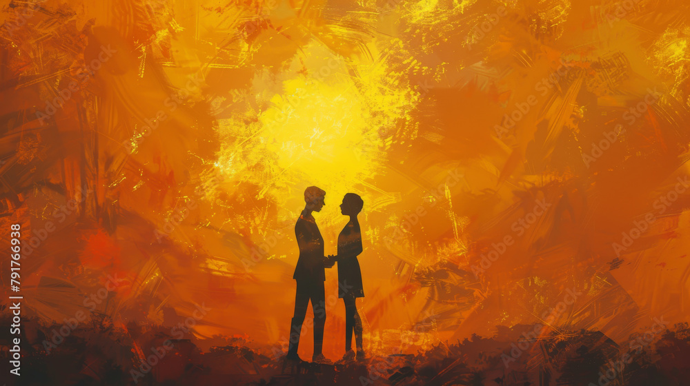A couple is standing in front of a yellow background