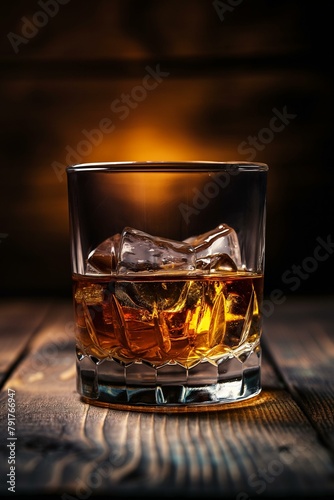 Elegant Glass of Whiskey with Ice on a Wooden Background Illuminated by Warm Light