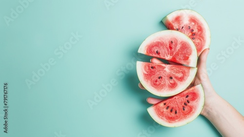 Stylish and modern hand-held watermelon slices, poised perfectly for a fresh, appealing advertisement, set against a serene pastel background, studio lighting