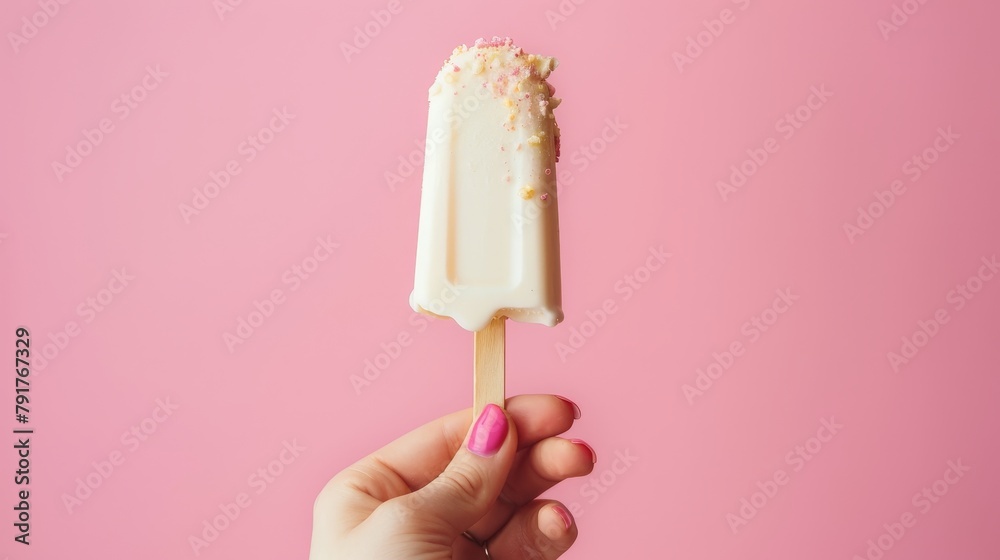 Elegant image of a hand showcasing a cold vanilla dessert on a stick, with a soft-focus, isolated pastel background, studio lighting Elegant image of a hand showcasing a cold vanilla dessert on a stick, with a soft-focus, isolated pastel background, studio lighting