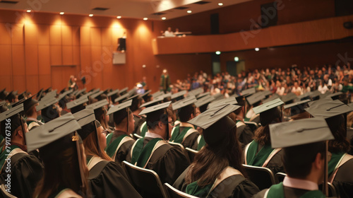 Ceremony of graduation. University graduates wearing graduation gown and cap at the commencement day. Receiving a graduation diploma