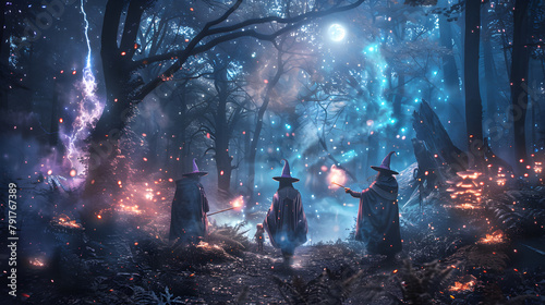 A group of wizards dueling with magic spells in a mystical forest illuminated by glowing mushrooms. Epic photoshoot.