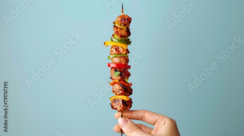 Elegant photo of a hand delicately holding a gourmet BBQ skewer, isolated on a soft-toned background, ideal for upscale food advertisements, studio lighting photo