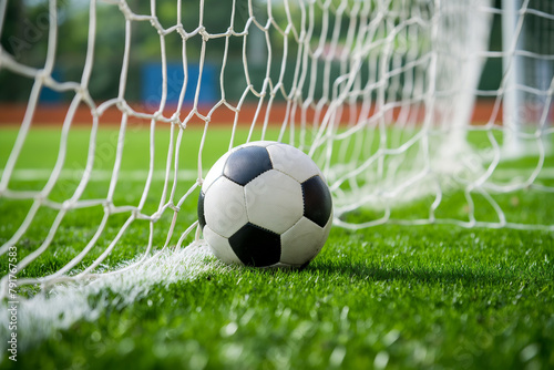 Soccer ball in goal net on green grass field, sports background