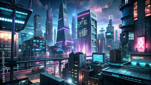A futuristic cityscape gleams under a twilight sky,with towering skyscrapers illuminated by neon lights.Elevated roads and bridges connect the buildings,suggesting a high level of urban development.AI