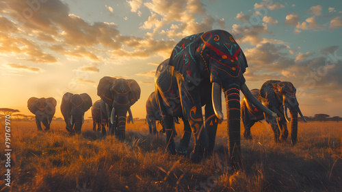 A herd of elephants adorned with intricate tribal body paint, marching majestically across the African savanna at sunset. Epic photoshoot.


 photo