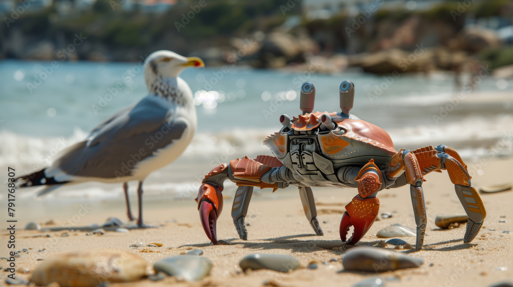 Fototapeta premium A_robotic_crab_scuttles_across_the_beach