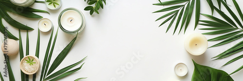 Beautiful spa composition with burning candles on a white background, top view