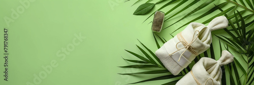 Spa composition with towels  spa stones and palm leaves on a green background