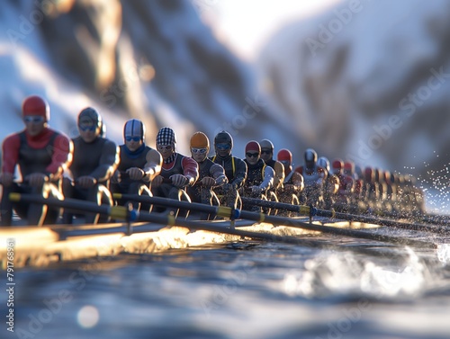 A group of rowers are in a boat on a lake. The rowers are wearing red and black outfits