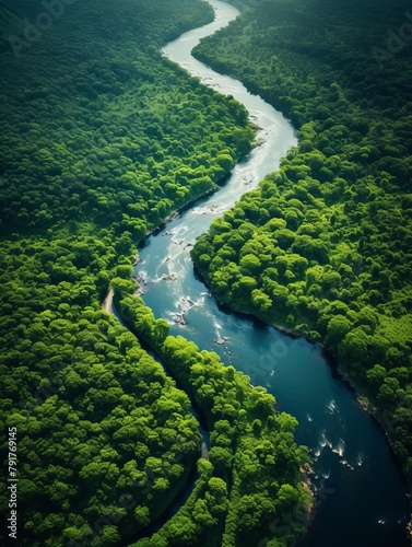 An aerial view of a river flowing through a lush green forest. © Jeannaa