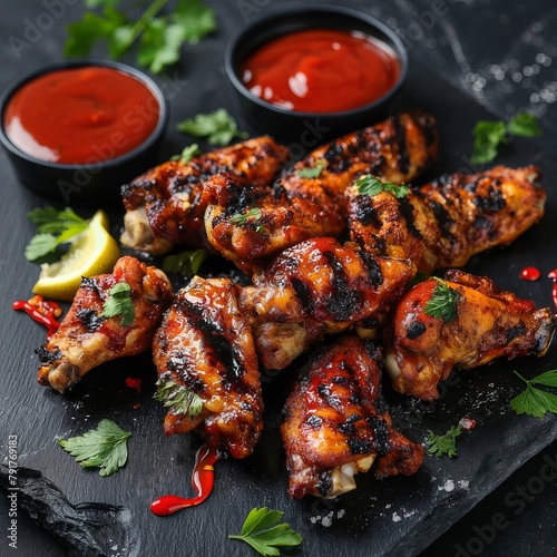 Grilled Chicken Wings With a Side of Ketchup photo