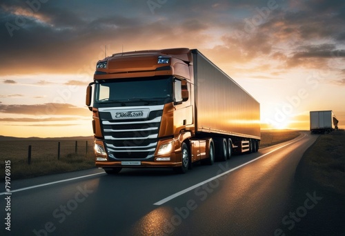 'road truck sunset van supporter transport freight speed drive move hasty fast lorry forwarding logistic street interstate product journey car driver country' photo