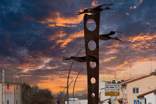 alfaro,la rioja,spain- 20,february 2024:Artistic silhouettes of several storks at the entrance to Alfaro, La Rioja 