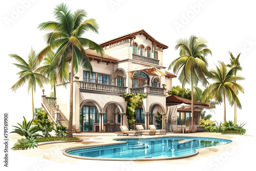 Beachfront mansion with a tropical oasis featuring a swimming pool, palm trees, and a cabana, isolated on solid white background. © Ahmad