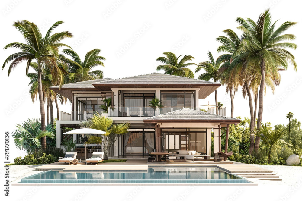 Beachfront mansion with a tropical oasis featuring a swimming pool, palm trees, and a cabana, isolated on solid white background.