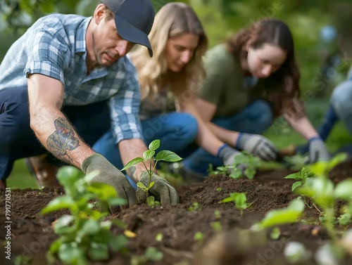 Three people are working together to plant a tree. The man is wearing a hat and the woman is wearing a green shirt. The atmosphere of the image is one of teamwork and collaboration