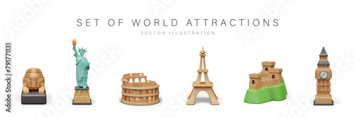 Great Sphinx, Statue of Liberty, Coliseum, Eiffel Tower, Great Wall of China, Big Ben