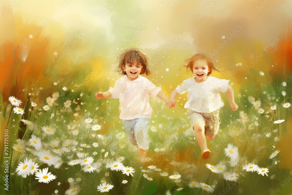 two children playing in the meadow made by midjourney two children playing in the meadow made by midjourney