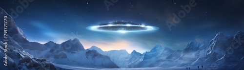 Visionary depiction of an alien encounter during the Ice Age, with a UFO silently gliding over vast glaciers under a starry sky